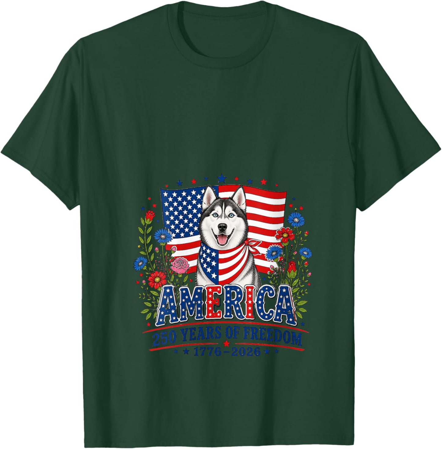 Women's 250 Years America Siberian Husky Patriotic USA 4th of July V-Neck T-Shirt - T-Shirt | Forest