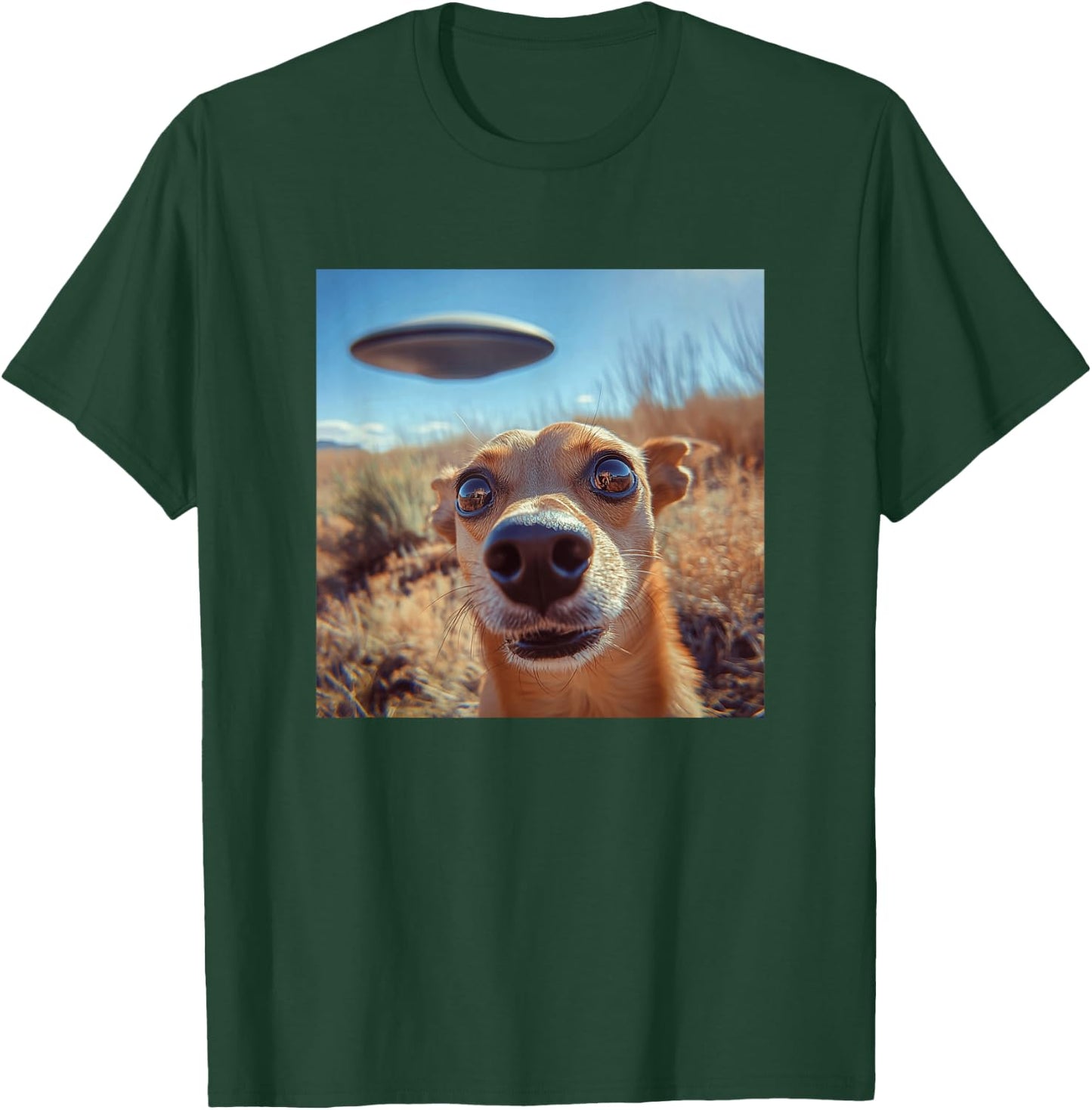 Dog Selfie with UFOs Weird Print Graphic Space Funny T-Shirt - T-Shirt | Forest