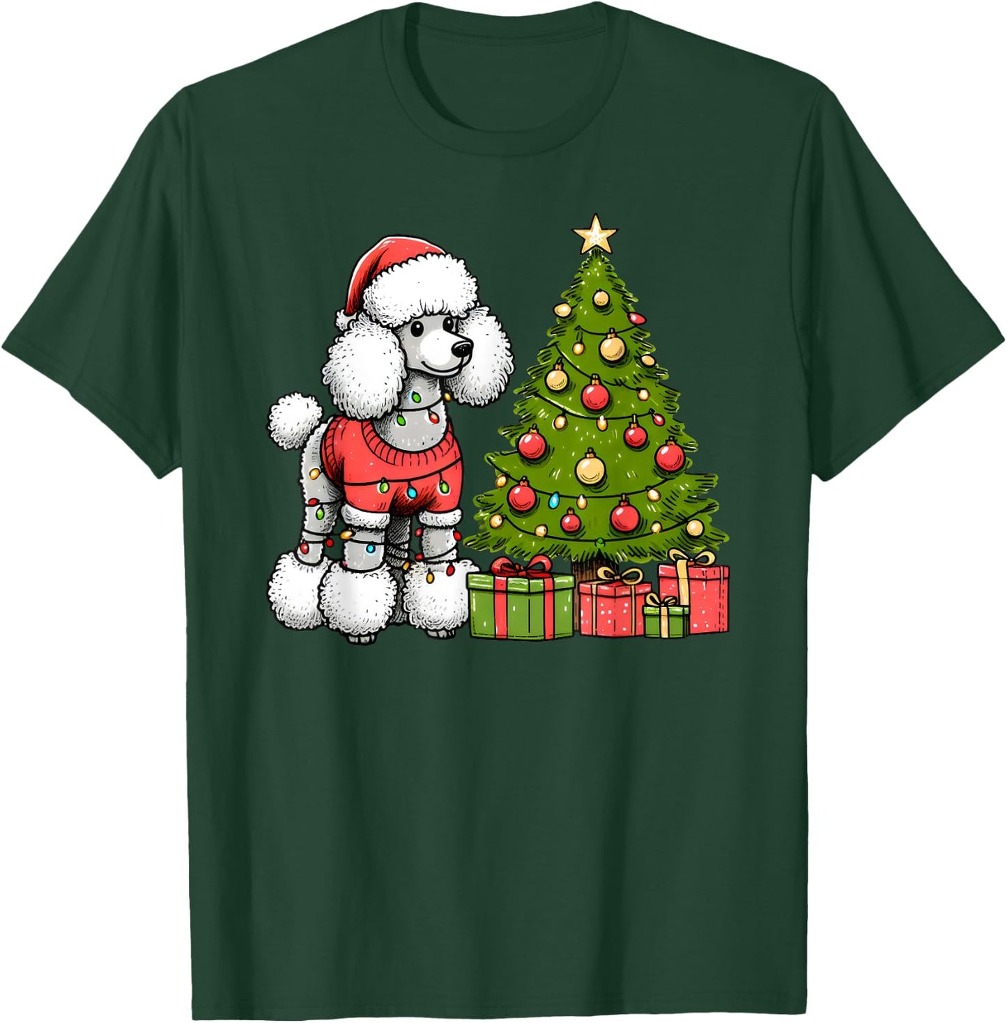 Merry Christmas Poodle Santa Christmas Lights Dog Xmas Tree T-Shirt - T-Shirt | Forest