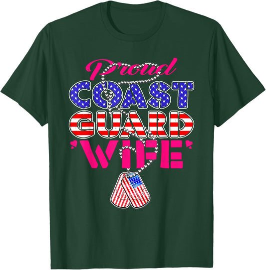 Proud US Coast Guard Wife US Flag Dog Tags Military Spouse Men Women T-Shirt - T-Shirt | Forest