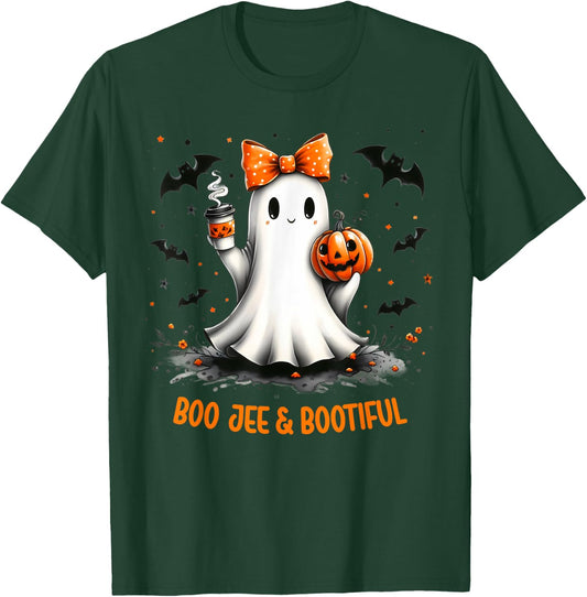 Boo Jee Ghost Drinking Coffee Coquette Bow Halloween Women T-Shirt - T-Shirt | Forest