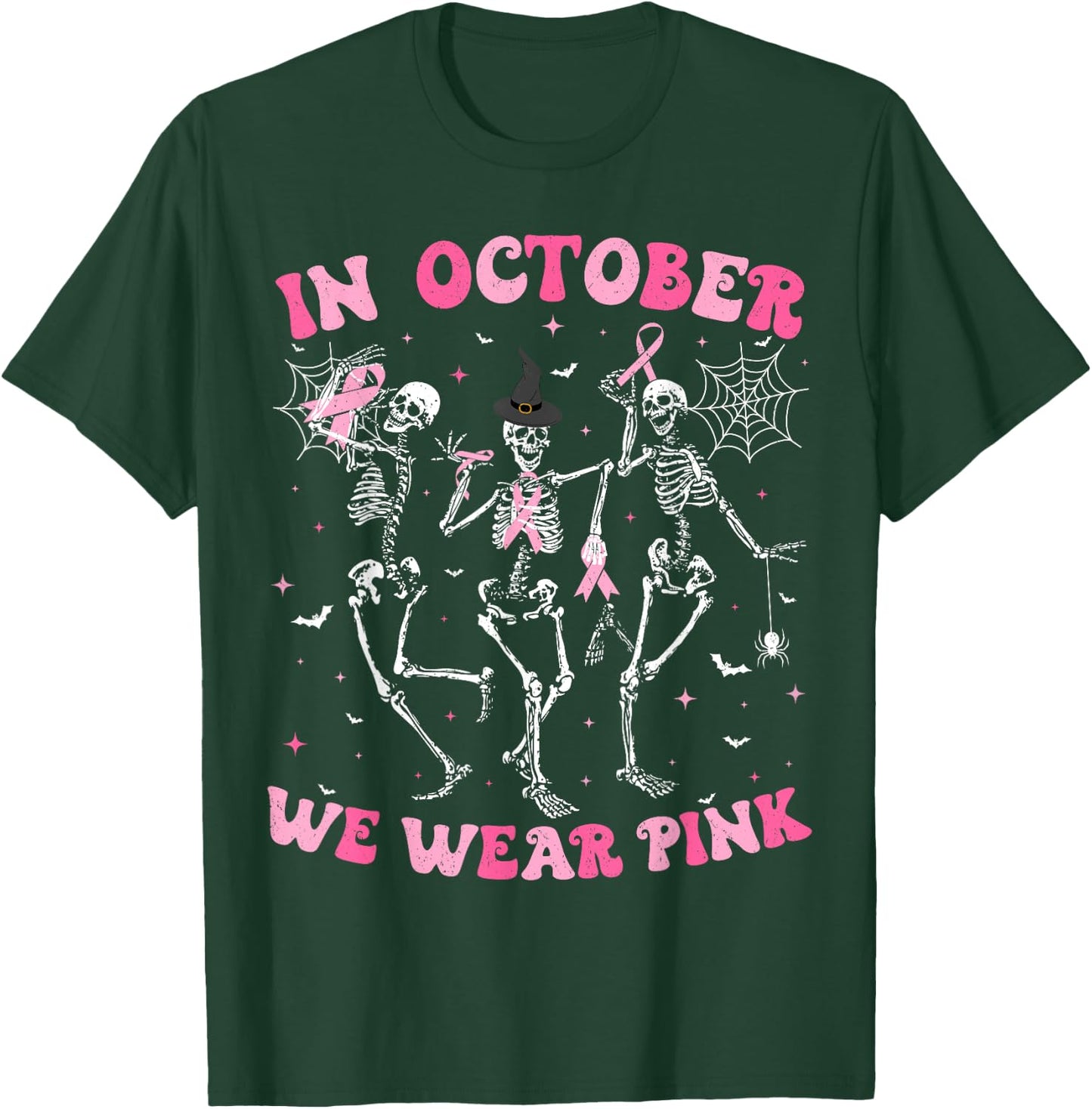 In October We Wear Pink Halloween Breast Cancer Skeleton T-Shirt - T-Shirt | Forest