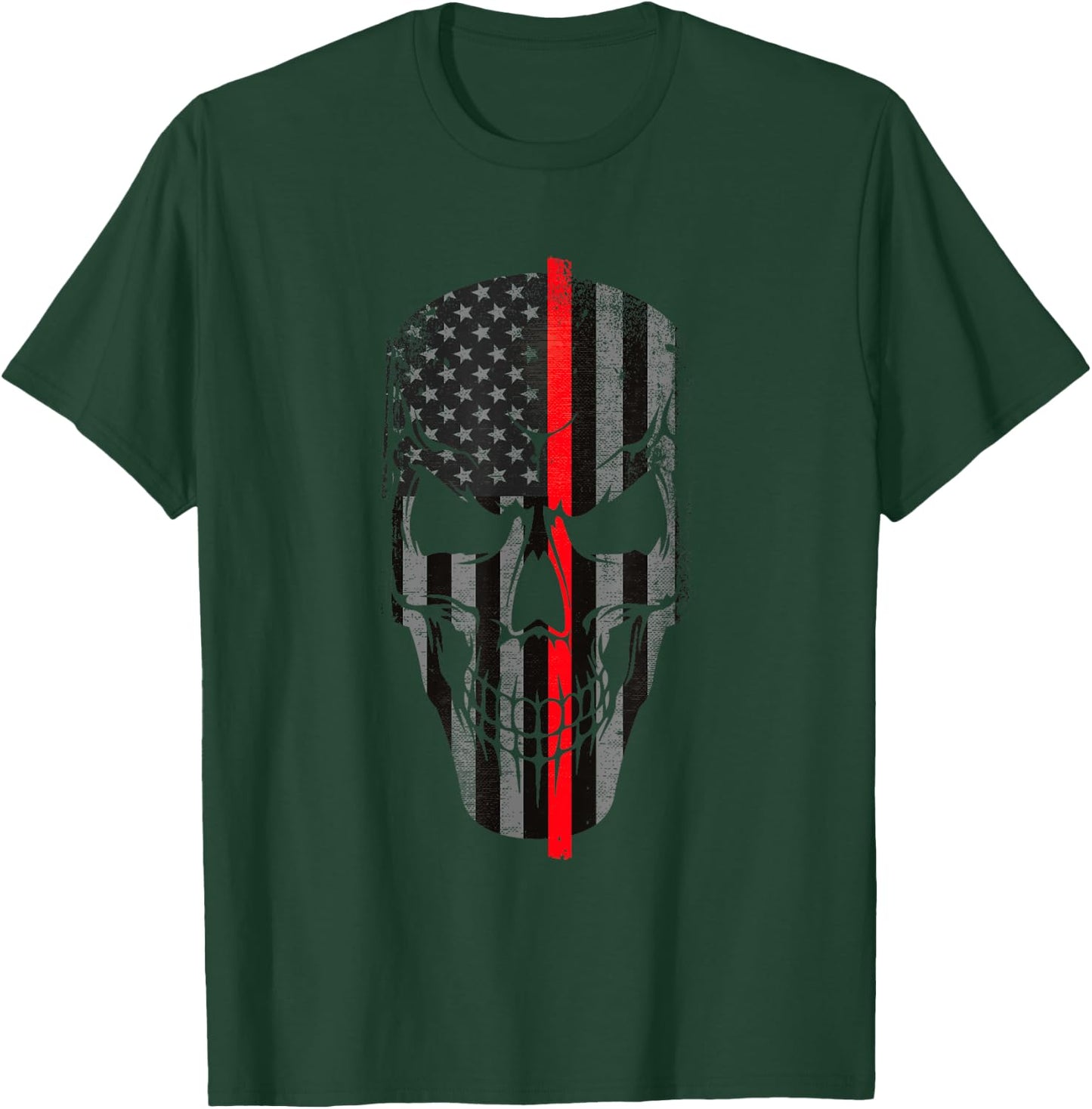 Thin Red Line Firefighter American Flag Skull T-Shirt - T-Shirt | Forest