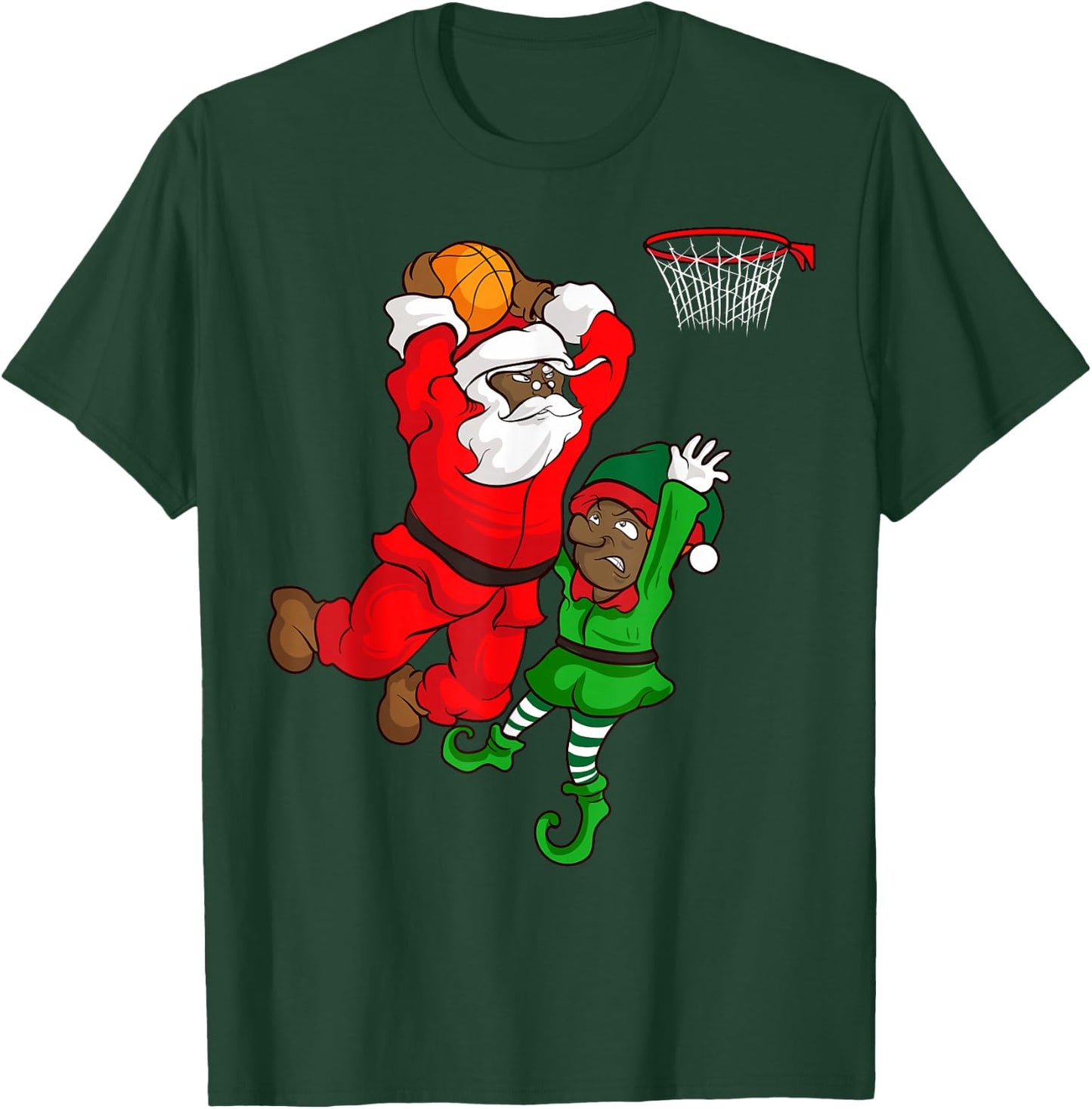 Basketball Black African American Santa Claus Dunk Elf T-Shirt - T-Shirt | Forest