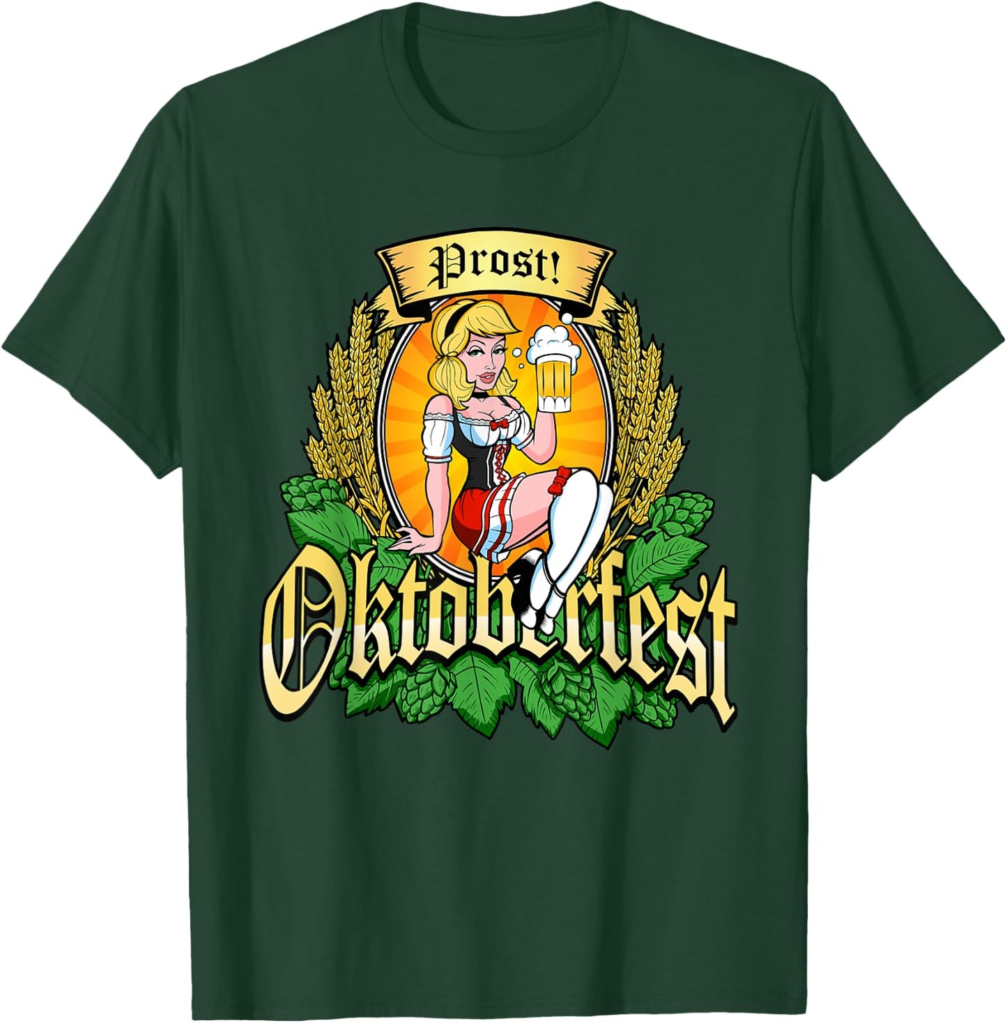 Oktoberfest Prost Sexy Pin Up Model Bavarian Beer Maid Hops T-Shirt - T-Shirt | Forest
