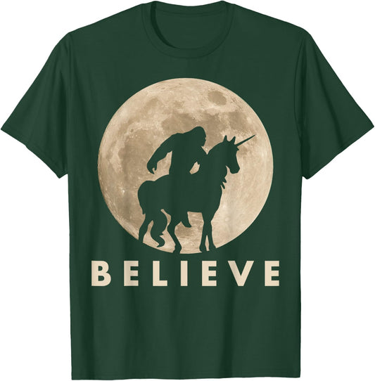 Bigfoot Riding a Unicorn Against a Full Moon Shirt, Believe! T-Shirt - T-Shirt | Forest