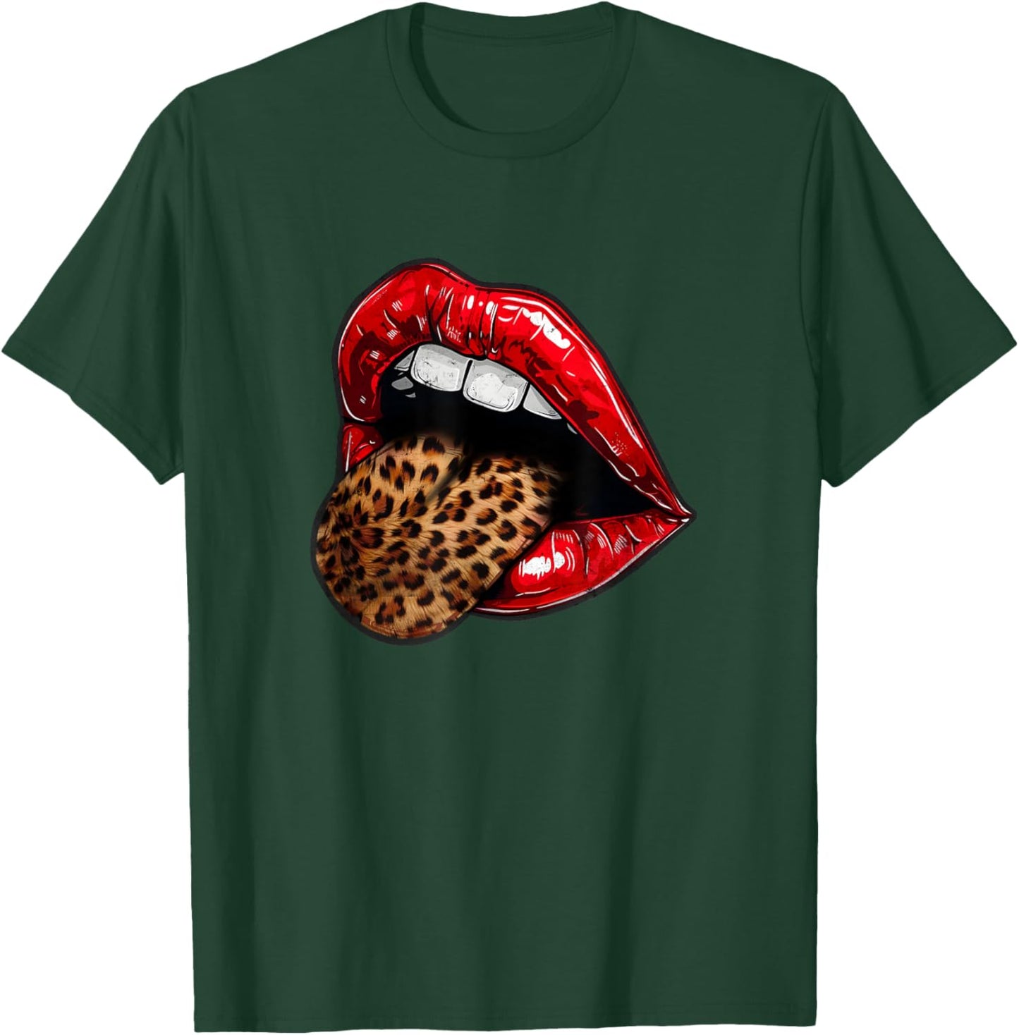 Red Lips Leopard Tongue - Vintage Animal Print Graphic T-Shirt - T-Shirt | Forest