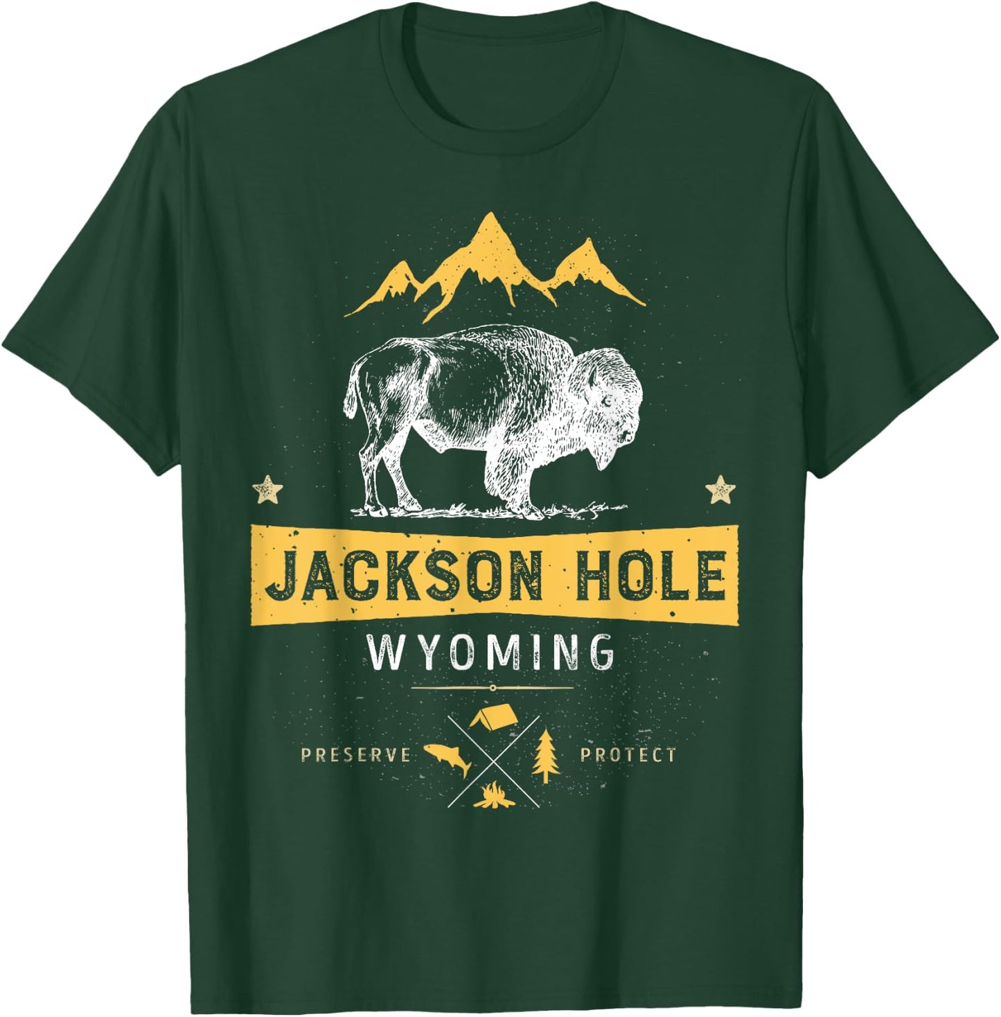 Jackson Hole T Shirt Wyoming Vintage Bison Buffalo Men Women T-Shirt - T-Shirt | Forest