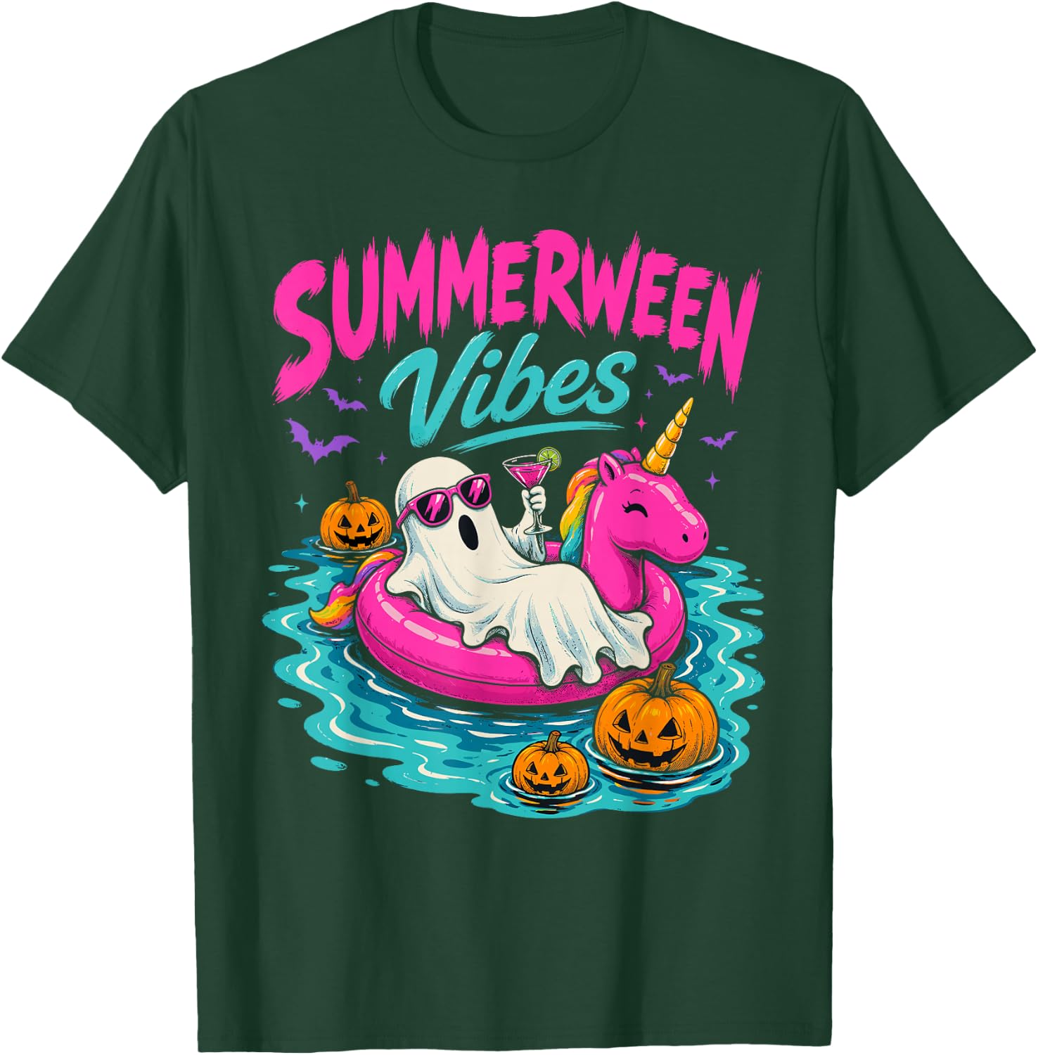 Summerween Vibes Spooky Ghost Unicorn Beach Halloween Girls T-Shirt - T-Shirt | Forest