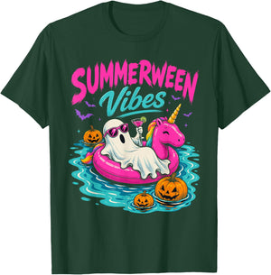 Summerween Vibes Spooky Ghost Unicorn Beach Halloween Girls T-Shirt - T-Shirt | Forest