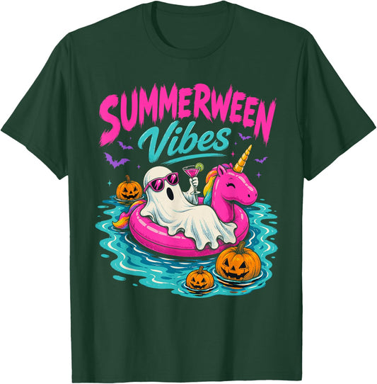 Summerween Vibes Spooky Ghost Unicorn Beach Halloween Girls T-Shirt - T-Shirt | Forest