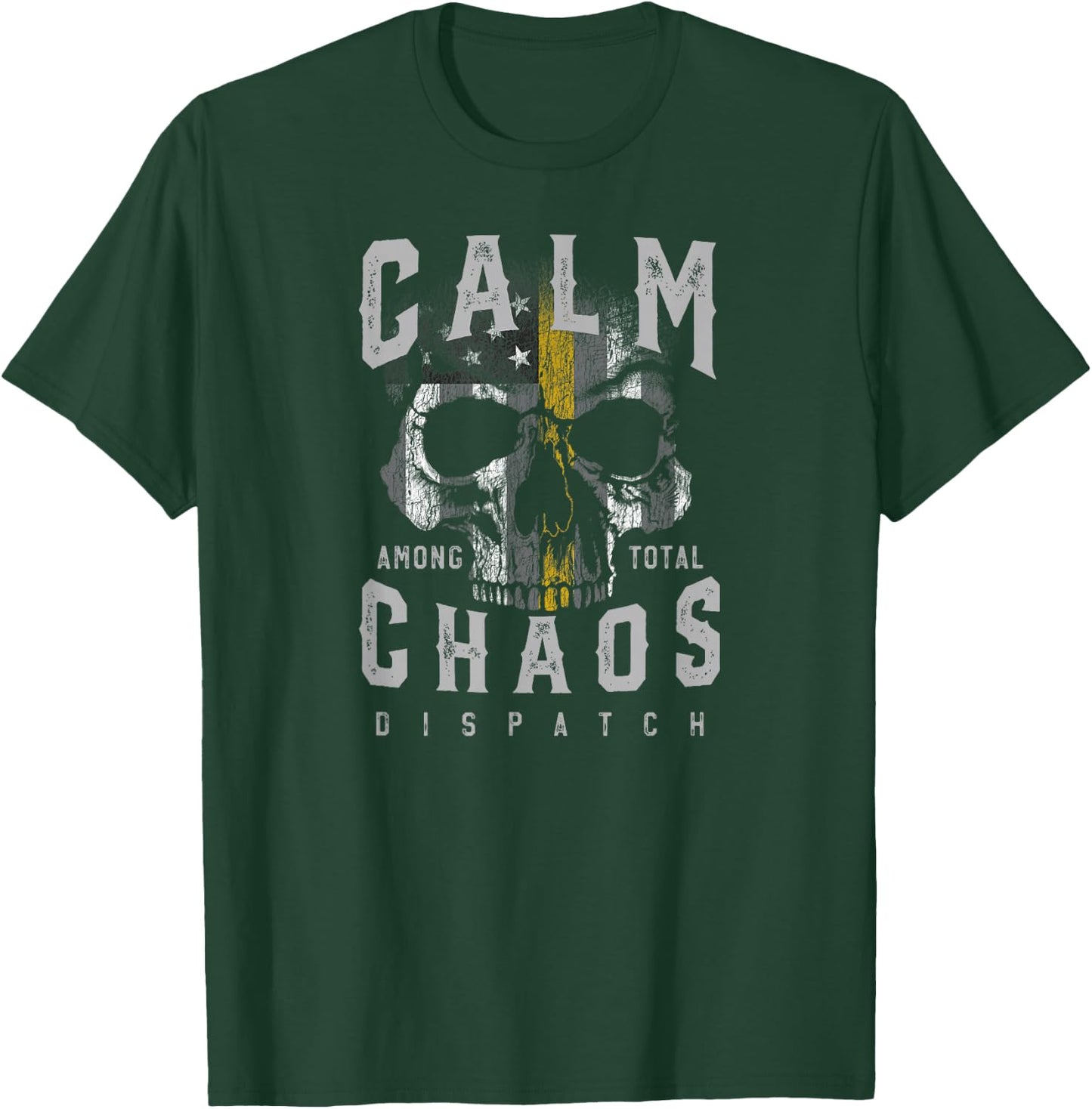 Thin Gold Line LEO Emergency Dispatcher Skull American Flag T-Shirt - T-Shirt | Forest