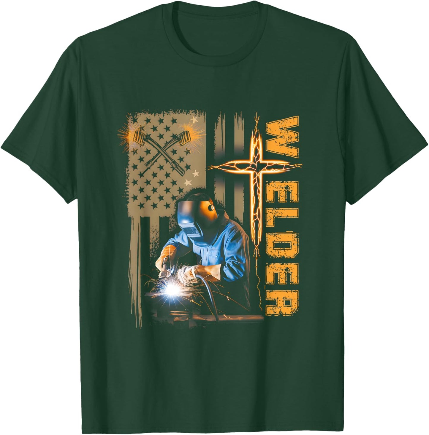 Welder American Flag Welding Faith Cross Christian Religious T-Shirt - T-Shirt | Forest