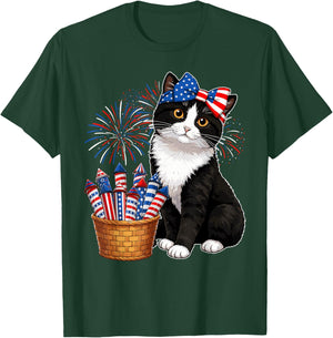 4th of July Tuxedo Black and White Cat Fireworks USA Flag T-Shirt - T-Shirt | Forest