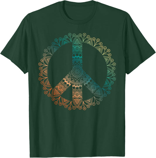 Neutral Boho Yoga Ornate Mandala Peace Sign Hippie T-Shirt - T-Shirt | Forest