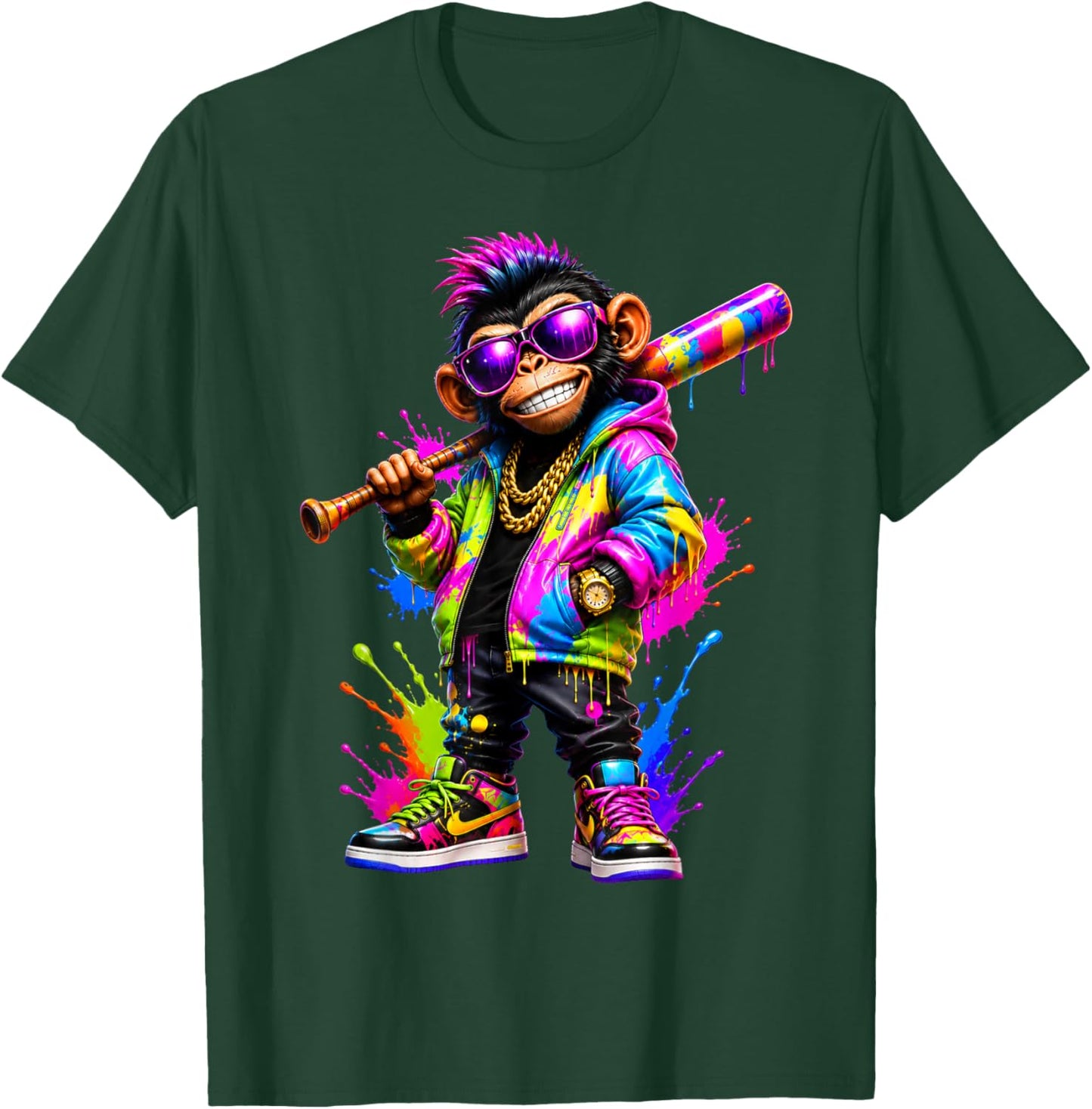 Monkey Baseball Drip Funny Animal Party Sport Cool Graphic T-Shirt - T-Shirt | Forest