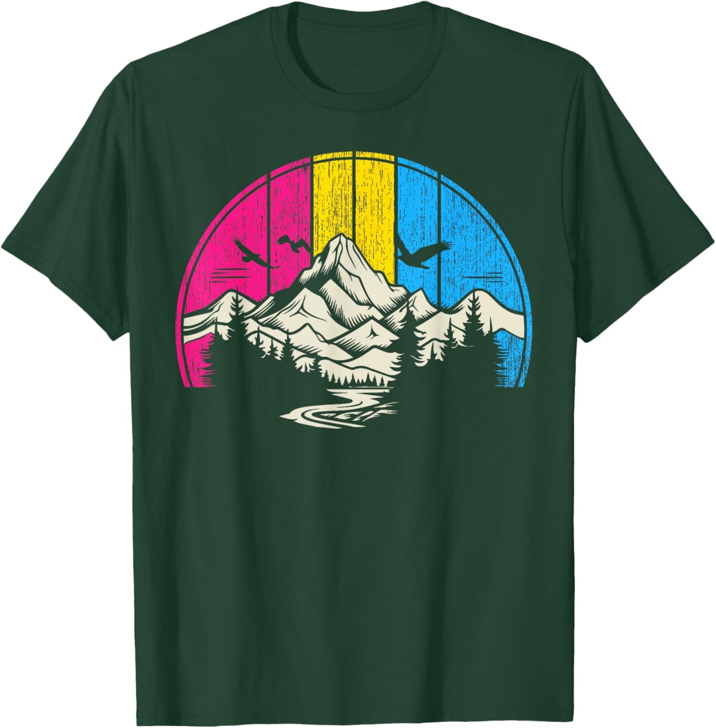 Pansexual Pride Retro Forest Mountain River Art T-Shirt - T-Shirt | Forest