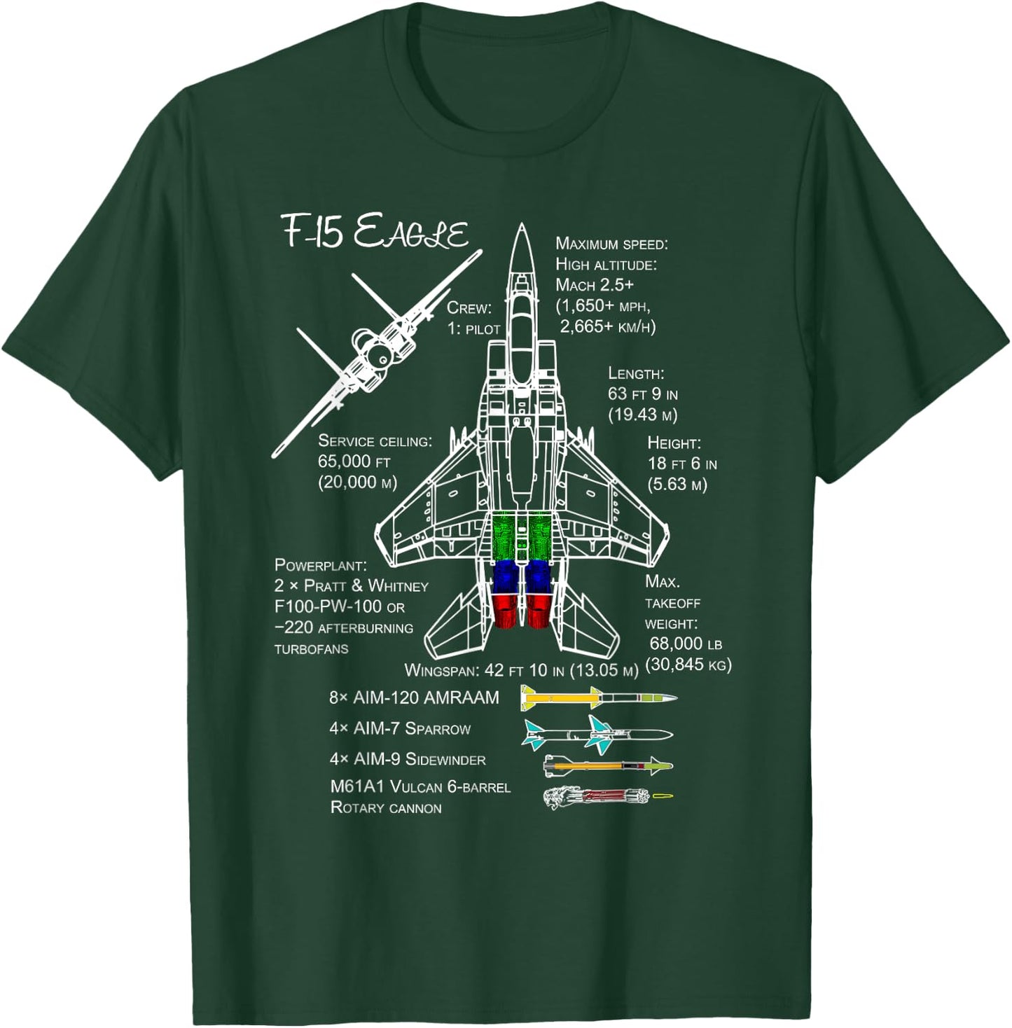 F-15 Eagle Specs Shirt Military Fighter Jet T-Shirt - T-Shirt | Forest