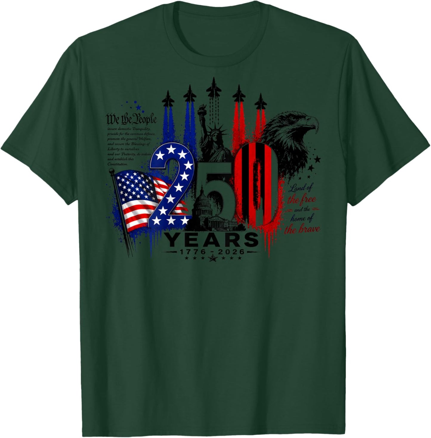 (ON Back) 1776 2026 Patriotic USA Flag Eagle Freedom T-Shirt - T-Shirt | Forest