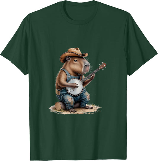 Banjo Capybara Wearing Dungarees Funny T-Shirt - T-Shirt | Forest
