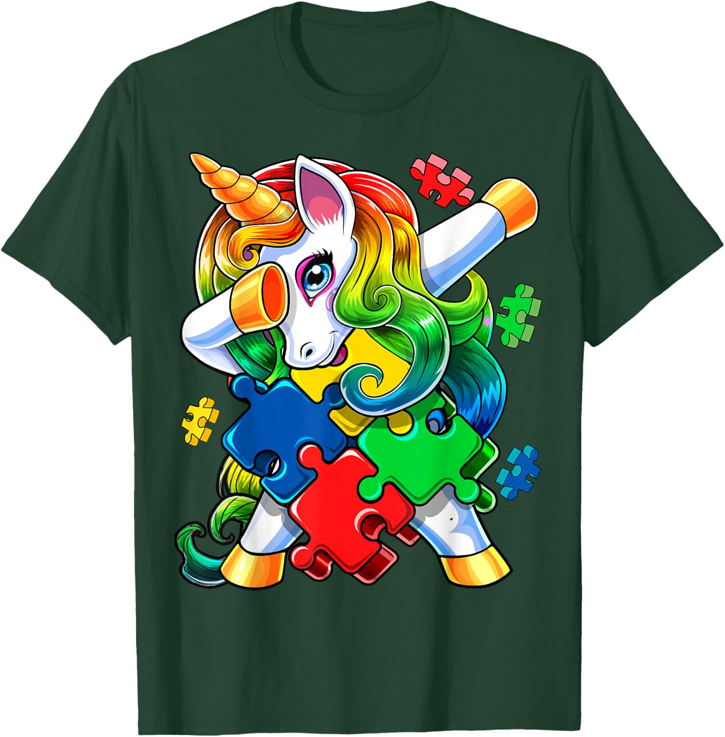 Autism Awareness Dabbing Unicorn Puzzle Piece Gift Kids T-Shirt - T-Shirt | Forest
