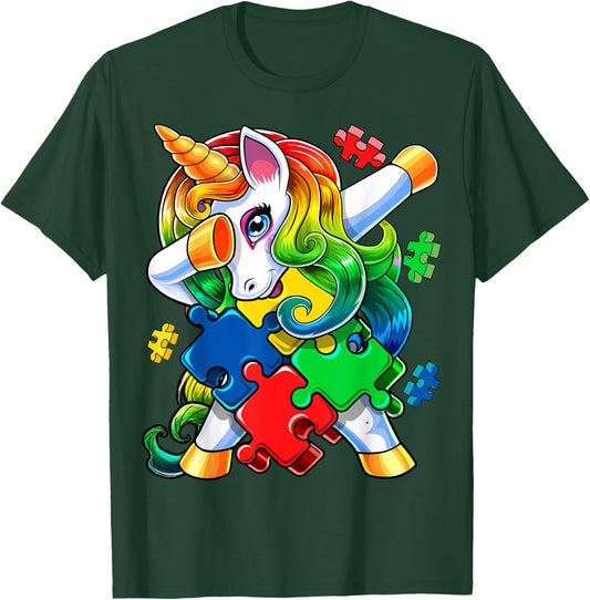 Autism Awareness Dabbing Unicorn Puzzle Piece Gift Kids T-Shirt - T-Shirt | Forest