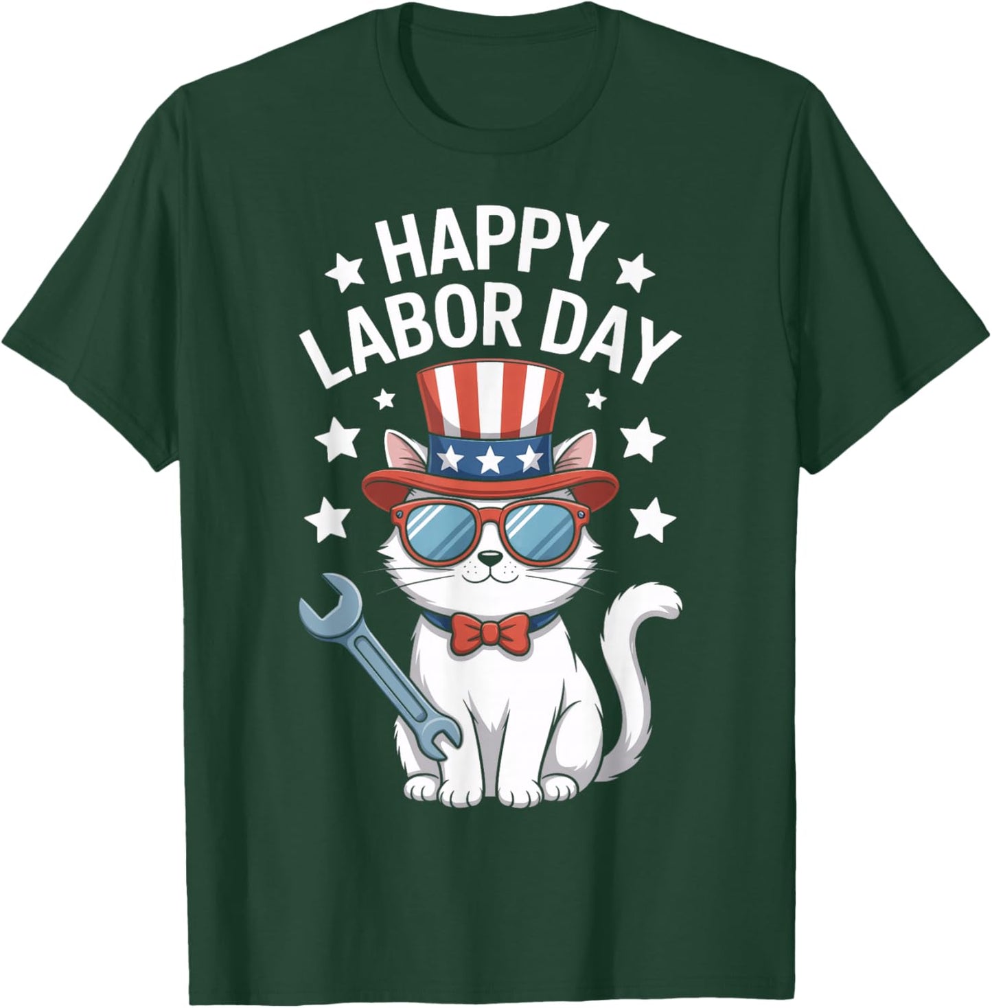 Happy Labor Day Patriotic Cat Wrench Stars Worker Humor T-Shirt - T-Shirt | Forest