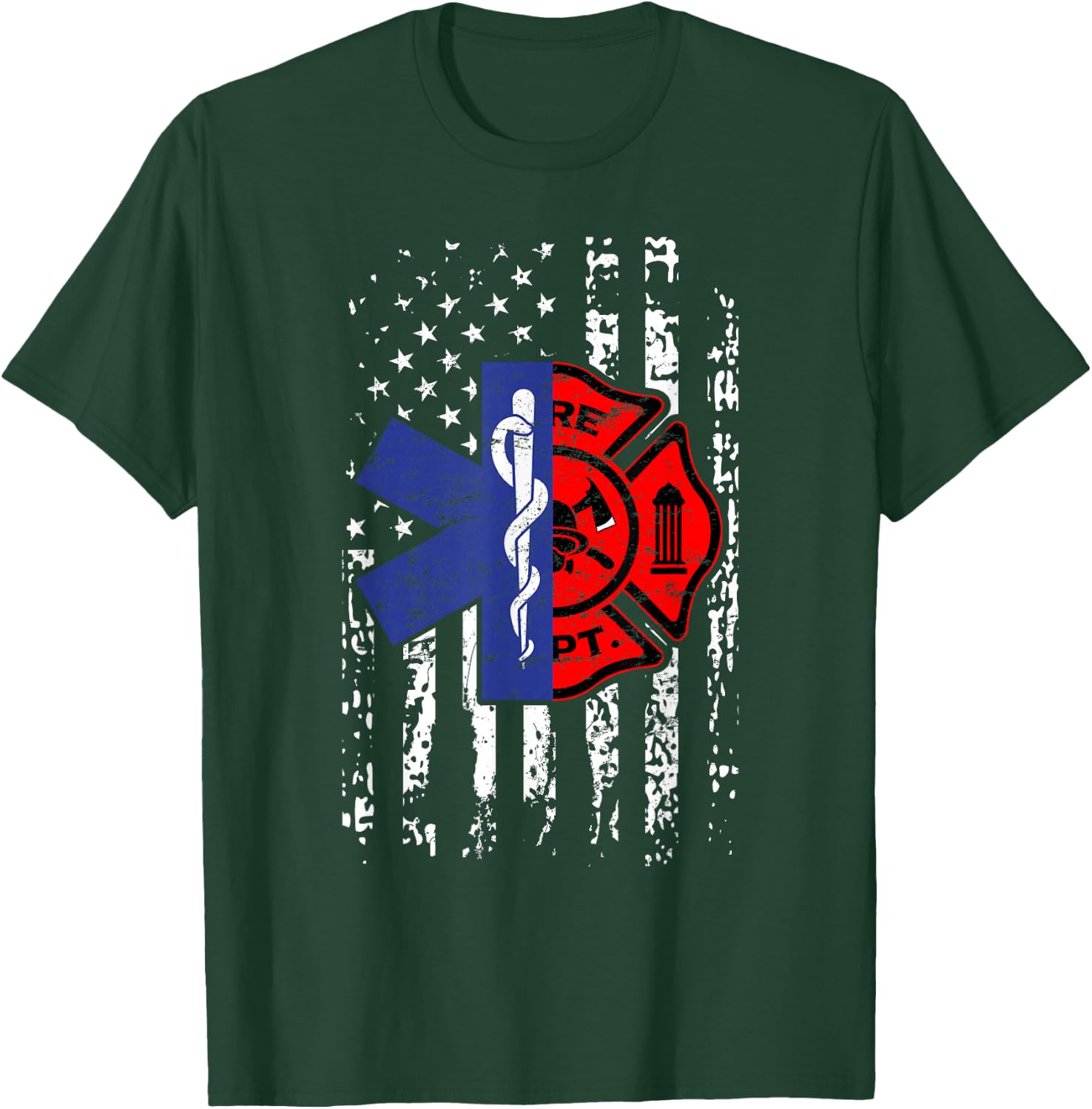 EMT Firefighter Firefighter EMT American Flag Gift T-Shirt - T-Shirt | Forest