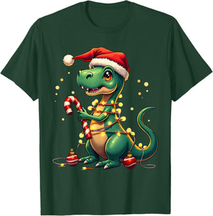 Cute Christmas T-Rex Shirt Dinosaur Lights & Candy Cane T-Shirt - T-Shirt | Forest
