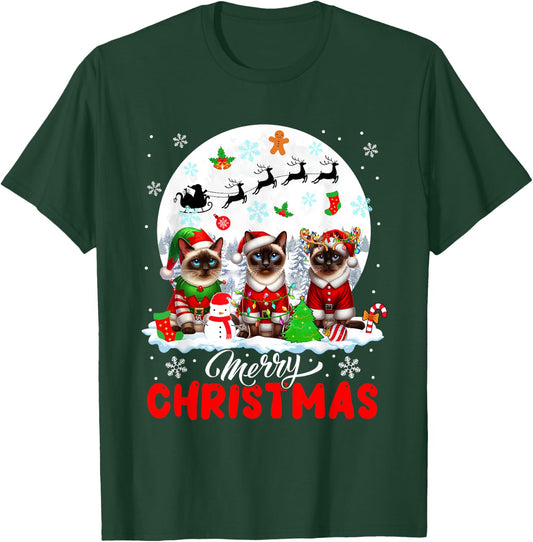 Merry Christmas Three Santa Elf Reindeer Siamese Cats Owner T-Shirt - T-Shirt | Forest