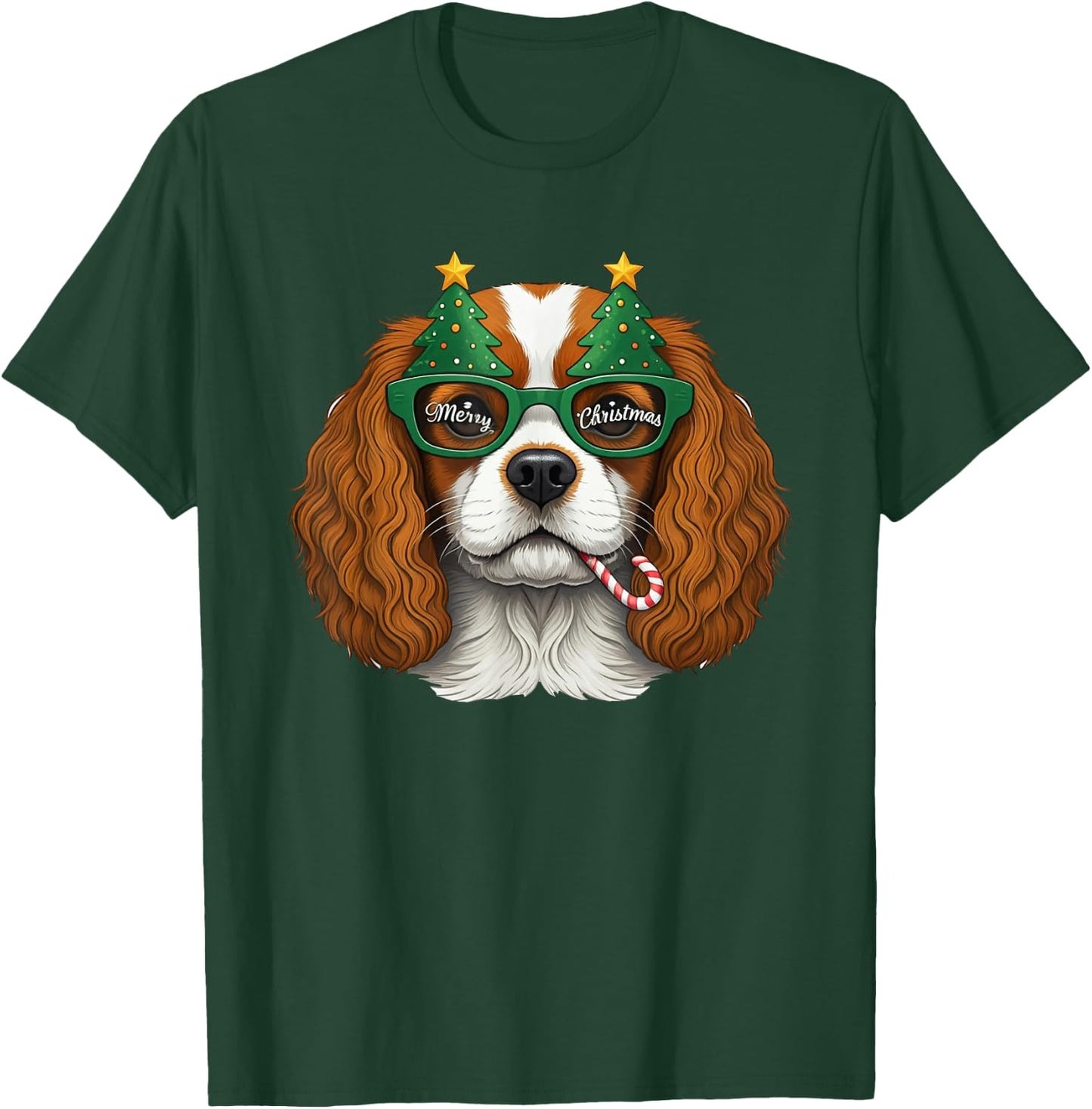 Christmas Tree Sunglasses Cavalier King Charles Spaniel T-Shirt - T-Shirt | Forest