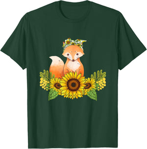 Fox Sunflower Shirt Fox Lover Animals Outfit Dog Owner Women Kids T-Shirt - T-Shirt | Forest