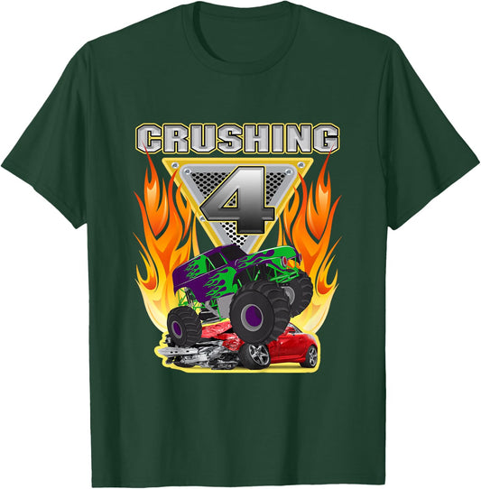 Monster Truck Crushing being 4 four Years Old 4th Birthday T-Shirt - T-Shirt | Forest