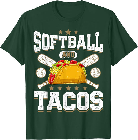 Softball And Tacos Funny Catcher Pitcher Batter Food Lover T-Shirt - T-Shirt | Forest