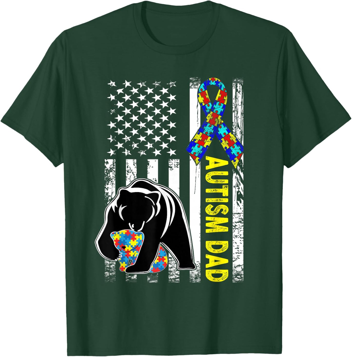 Dad Autism Awareness American Flag Fathers Day Daddy Small T-Shirt - T-Shirt | Forest