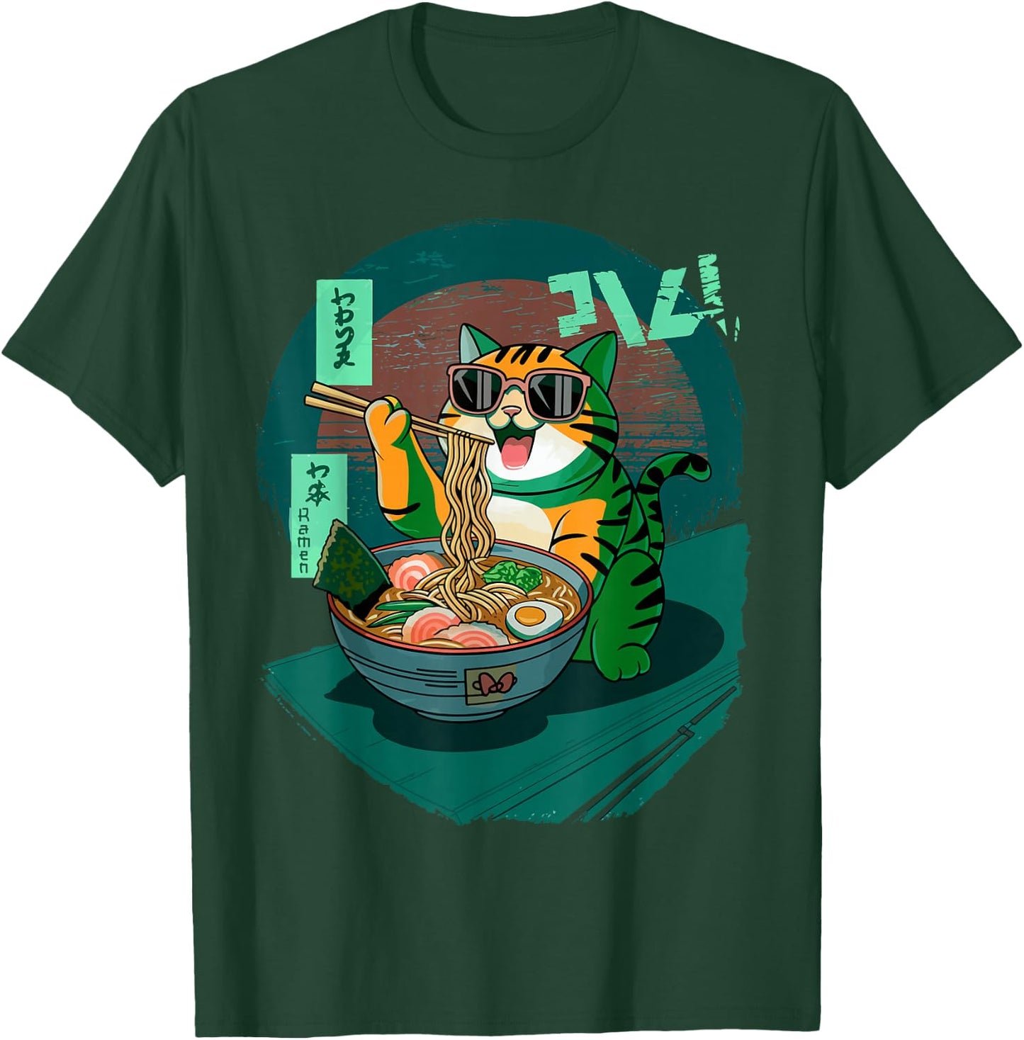 Funny Cat Eating Ramen Graphic Japanese Kawaii Anime T-Shirt - T-Shirt | Forest
