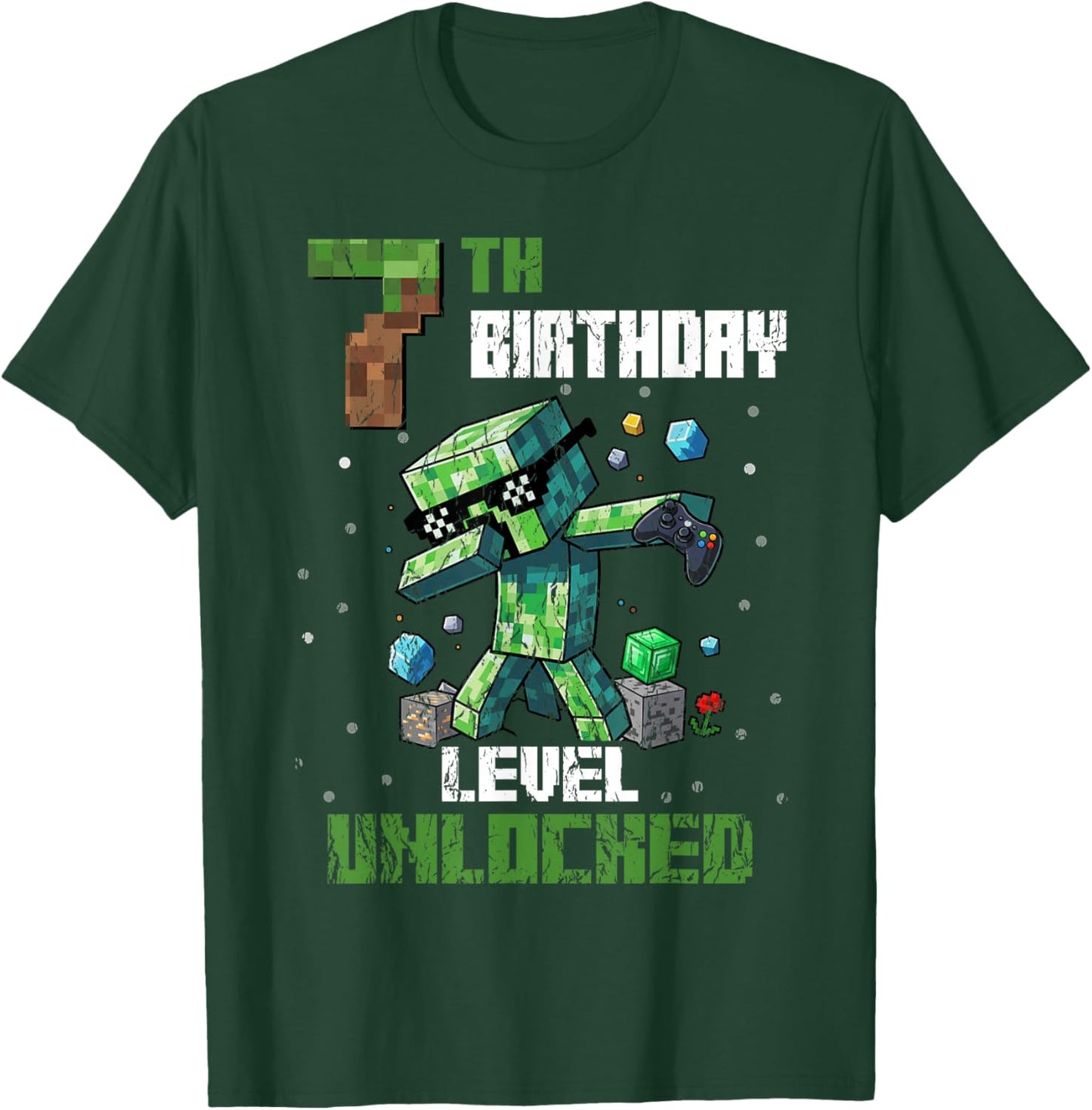 7th Birthday Level Unlocked Pixel Dab 7 Bday Gamer Kids Boys T-Shirt - T-Shirt | Forest