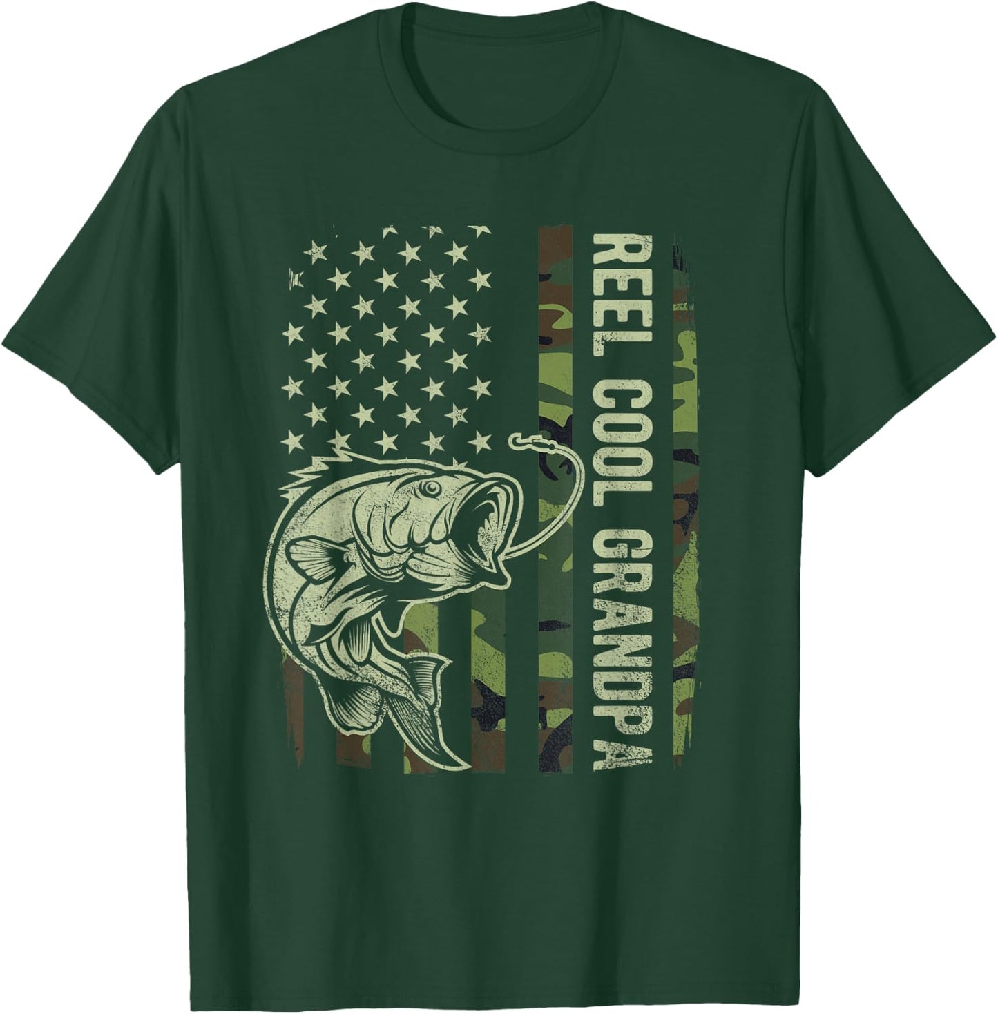 Reel Cool Grandpa Camouflage American Flag Fathers Day T-Shirt - T-Shirt | Forest