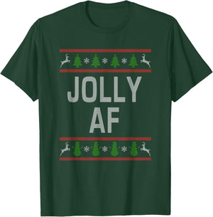 Jolly AF Ugly Christmas Sweater Style Funny Short Sleeve T-Shirt - T-Shirt | Forest