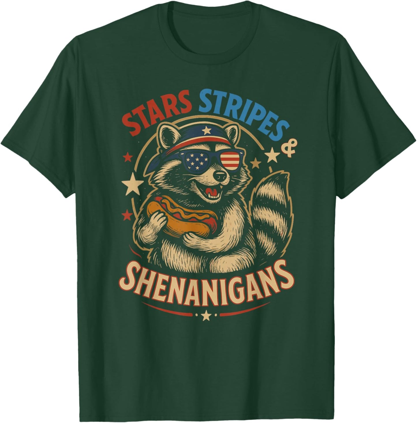 Stars Stripes and Shenanigans Funny Raccoon 4th of July T-Shirt - T-Shirt | Forest