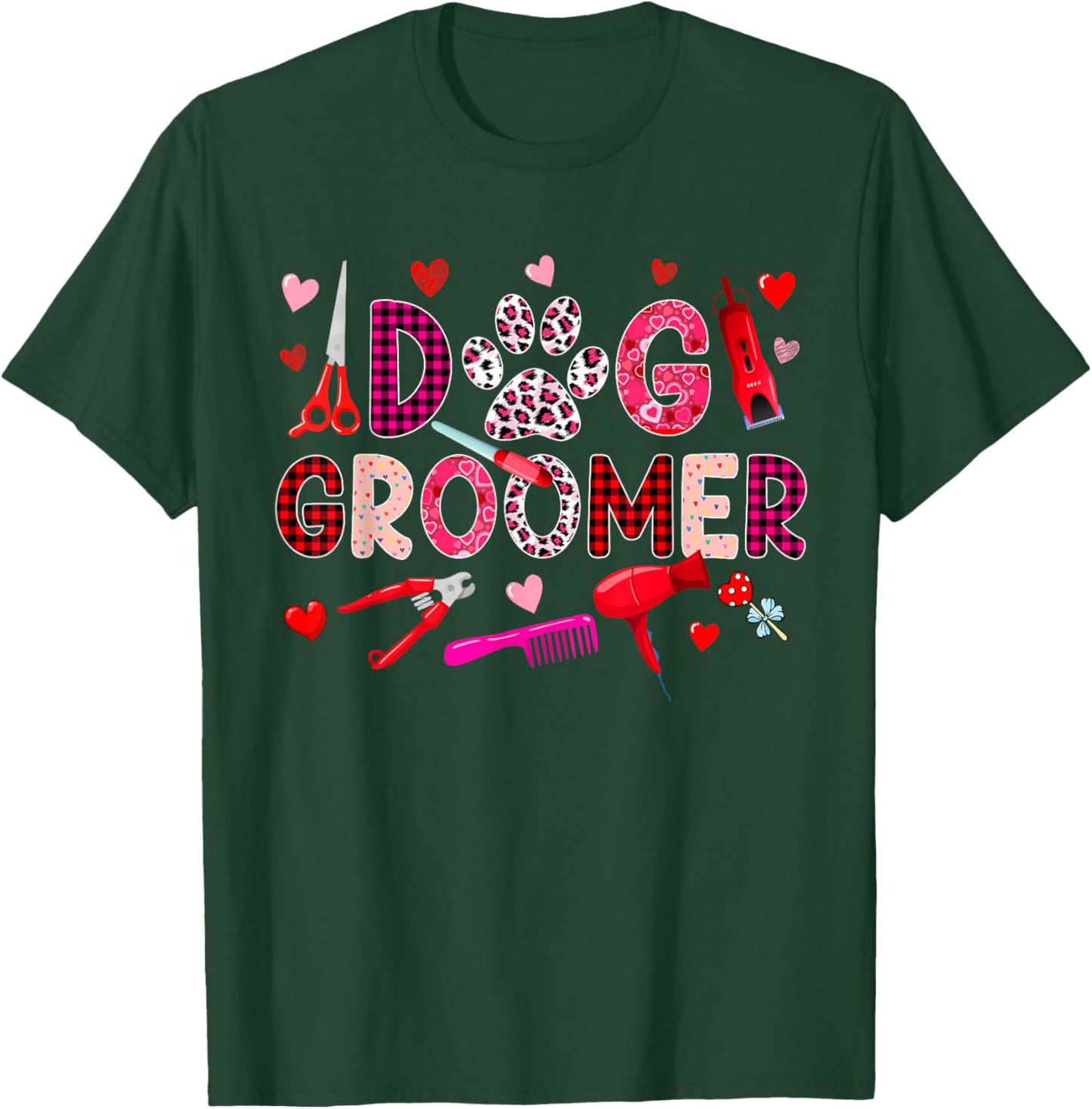 Dog Groomer Tools Valentine's Day Leopard Cute Hearts T-Shirt - T-Shirt | Forest