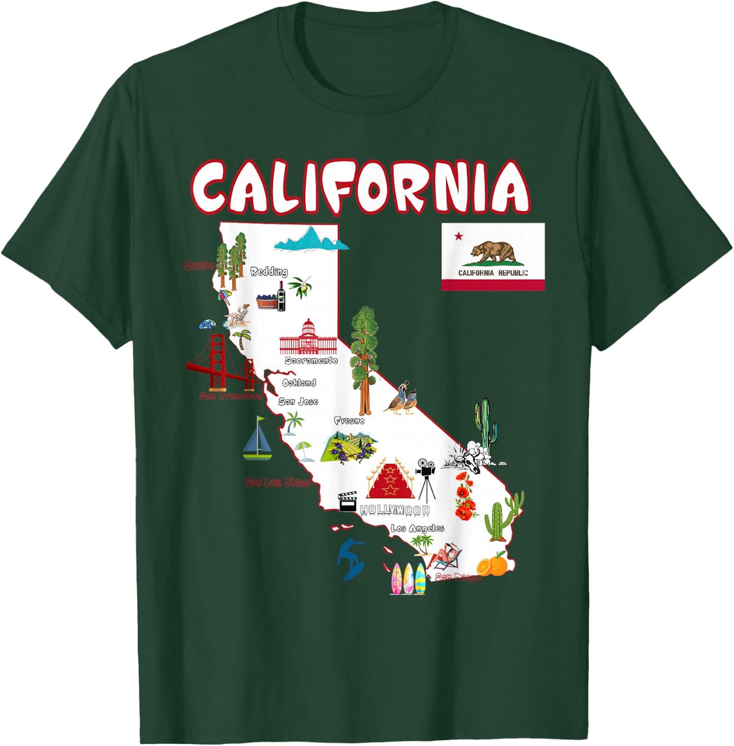 Map of California Landmarks, Major Cities, Flag T-Shirt - T-Shirt | Forest