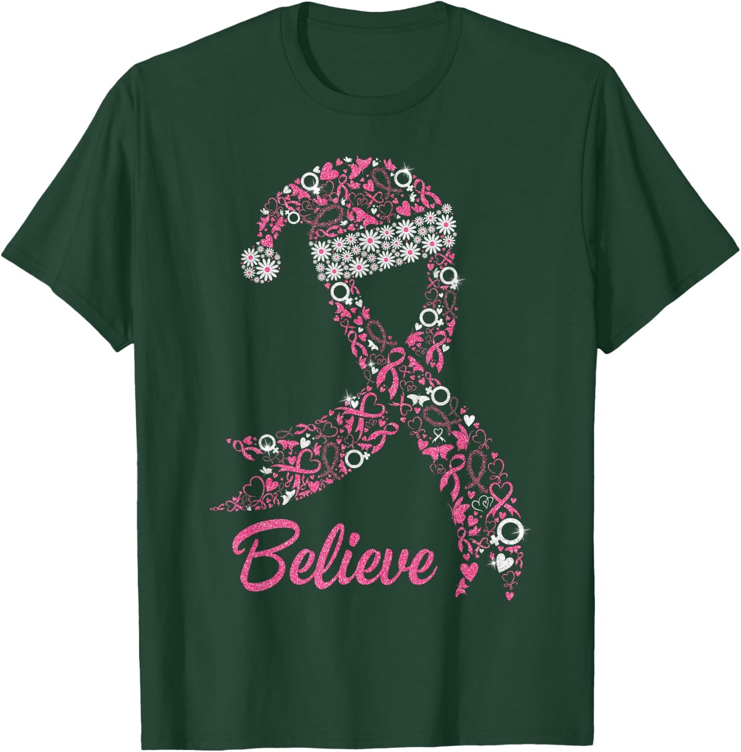 Pink Ribbon Santa Hat Breast Cancer Awareness Christmas Day T-Shirt - T-Shirt | Forest