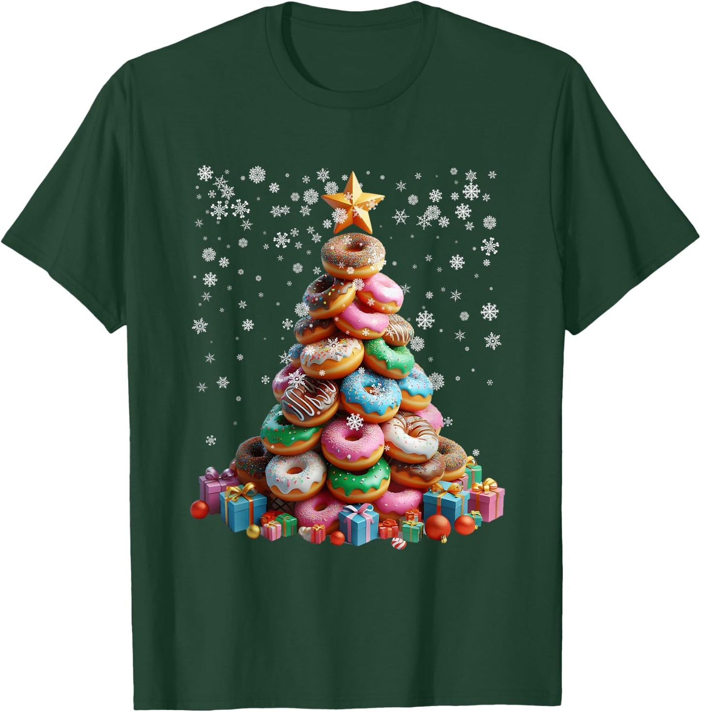 Funny Donuts Christmas Tree Lights Xmas Pjs Sweet Cake T-Shirt - T-Shirt | Forest