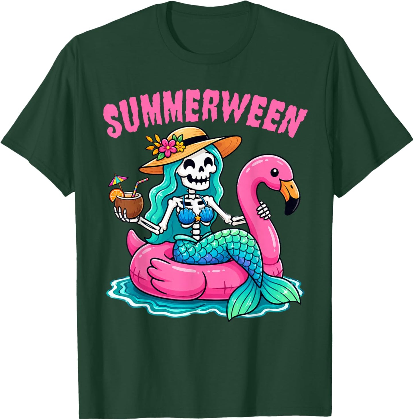 Summerween Skeleton Mermaid Beach Flamingo Halloween Girl T-Shirt - T-Shirt | Forest
