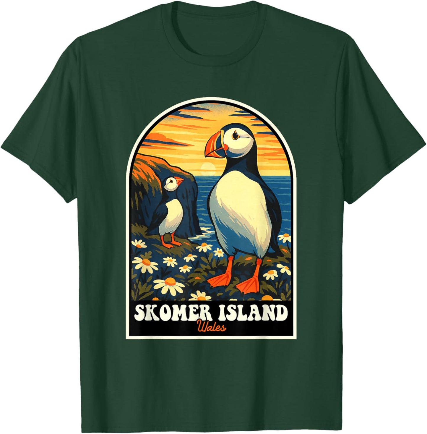 Skomer Island Puffins Vintage Wales Travel Design T-Shirt - T-Shirt | Forest