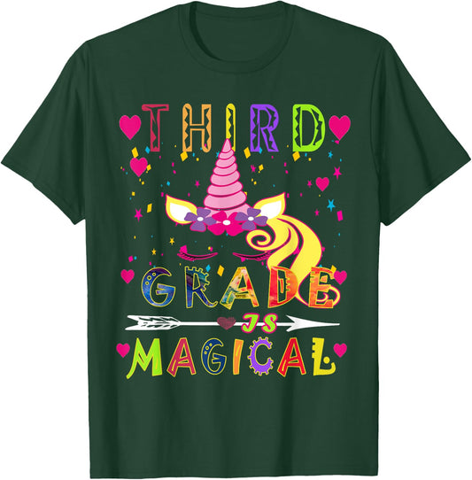 Unicorn Third Grade Is Magical Funny Back To School Teacher Men Women Girls Kids T-Shirt - T-Shirt | Forest