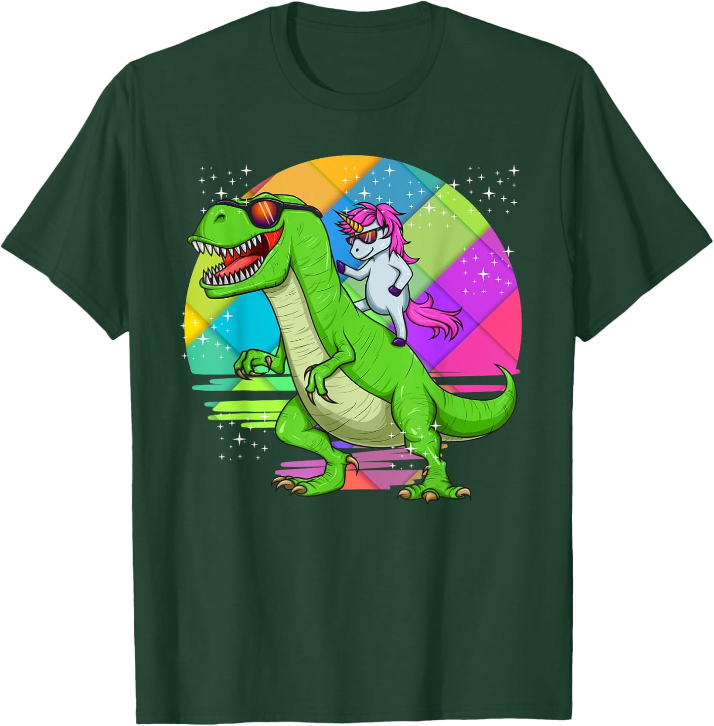 Unicorn Riding Dinosaur T Rex Rainbow Cute Fun Gift T-Shirt - T-Shirt | Forest