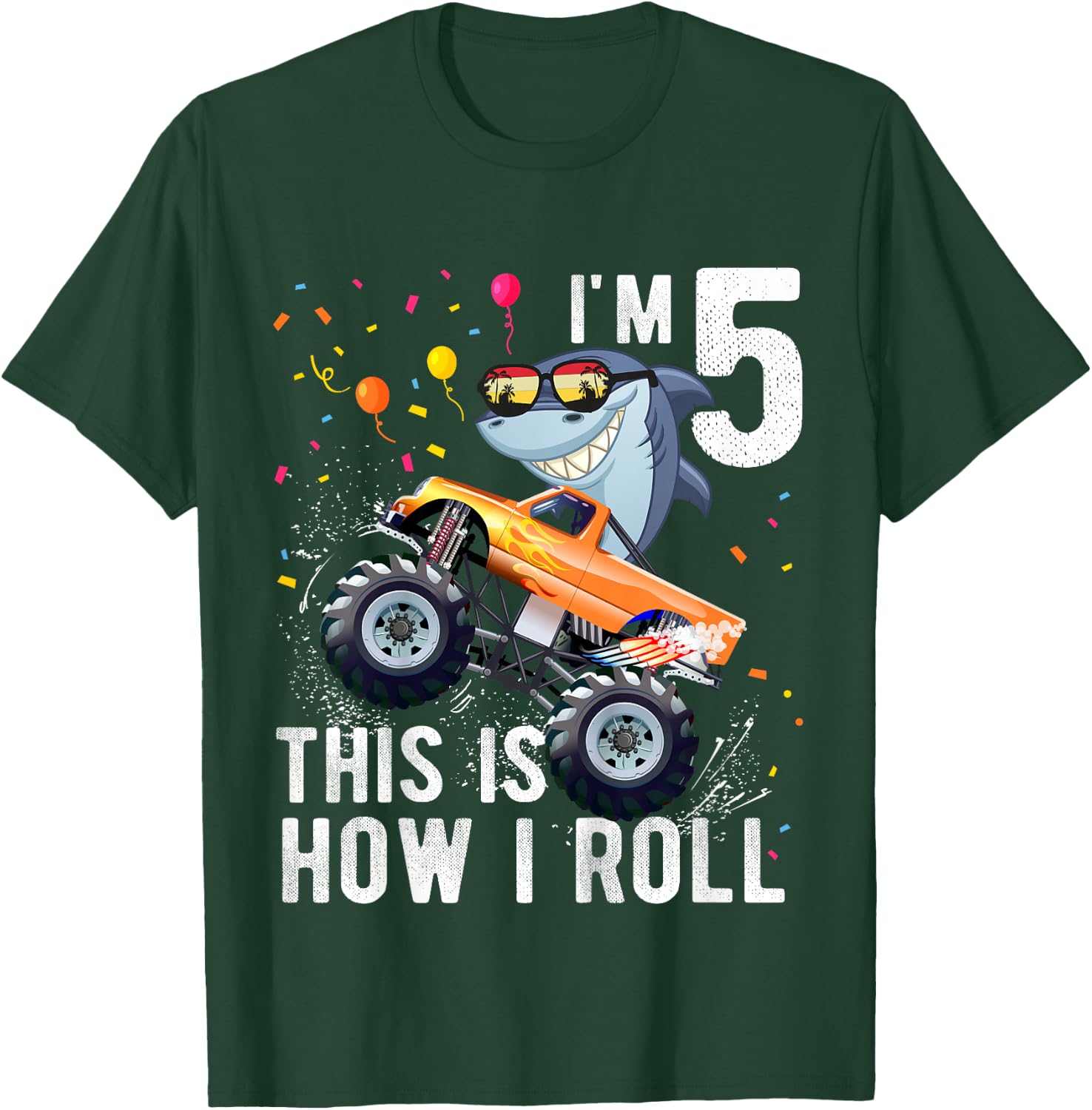 Shark Monster Truck 5th Birthday Boys and Girls T-Shirt - T-Shirt | Forest