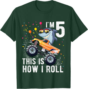 Shark Monster Truck 5th Birthday Boys and Girls T-Shirt - T-Shirt | Forest
